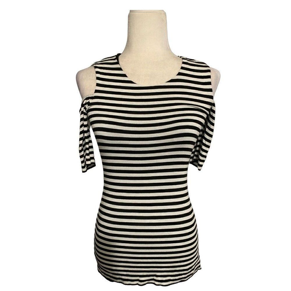 bailey 44 womens black white striped short sleeve cold shoulder top t shirt xs